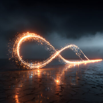Continuous loop of glowing light on dark reflective ground, symbolic of passive income, with spark particles and infinity shape