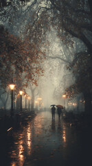 Obraz premium Misty park path with umbrella in rain and glowing lamp light, two person walking on wet walkway under trees, cozy autumn mood