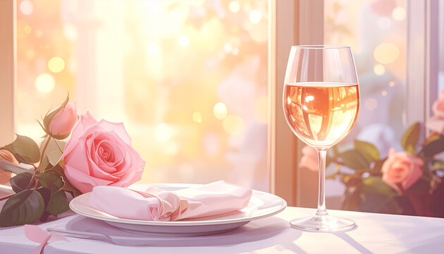 Wine glass and roses near window