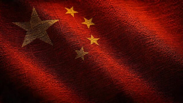 A patriotic and detailed view of the red and gold Chinese flag, featuring its distinctive five yellow stars and rich fabric texture with natural folds, dimly lit.