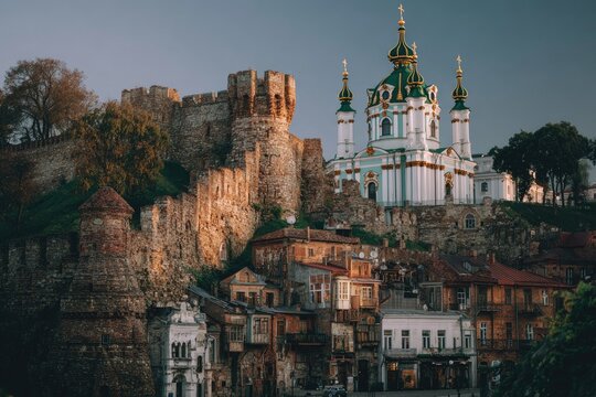 St. Andrew's Church and Castle Ruins in Kyiv at Sunset