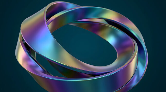 Abstract 3d metallic torus rings with iridescent holographic finish and creative fluid geometric shapes design