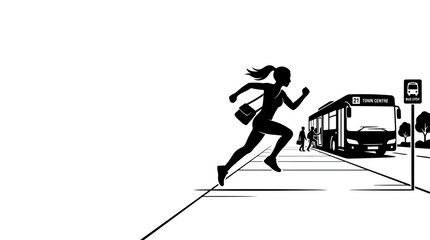 Fototapeta premium A silhouette of a woman running to catch a bus at a station.