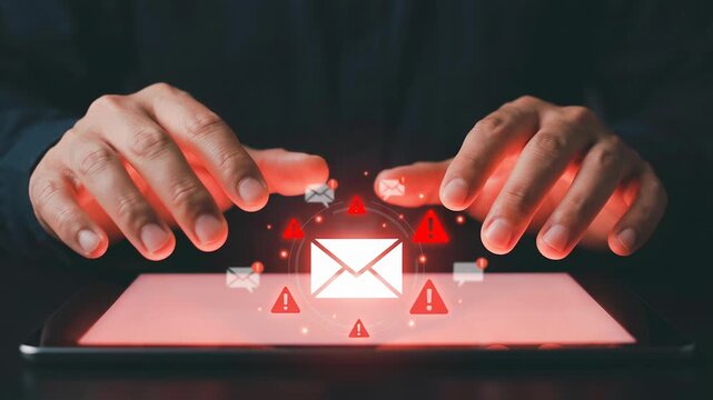 Hacker exploits network security vulnerabilities and misconfigurations to breach security using hands hovering over tablet with digital warning icons and glowing red email symbols creating tense