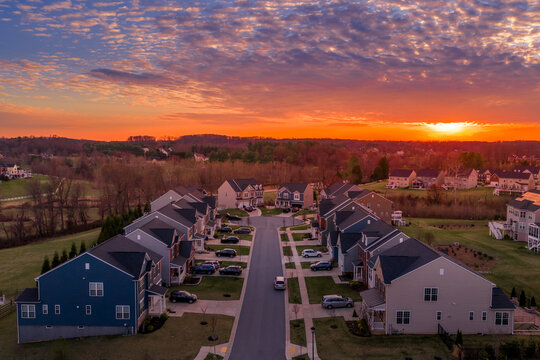Clarksville Maryland Suburban Street Aerial Sunset &mdash; Symmetrical Neighborhood Road View
