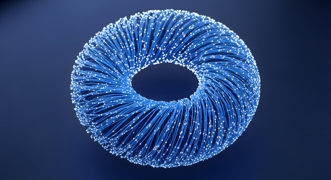 Symmetrical 3d torus ring made of glowing blue fiber optic cables on a dark blue background