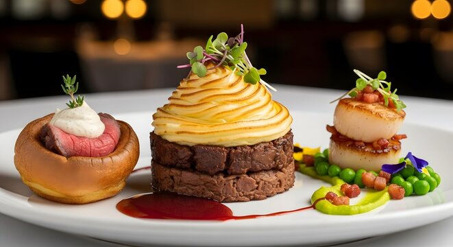 Gourmet Trio Plate: Roast Beef, Duchesse Potatoes on Braised Beef, and Seared Scallops