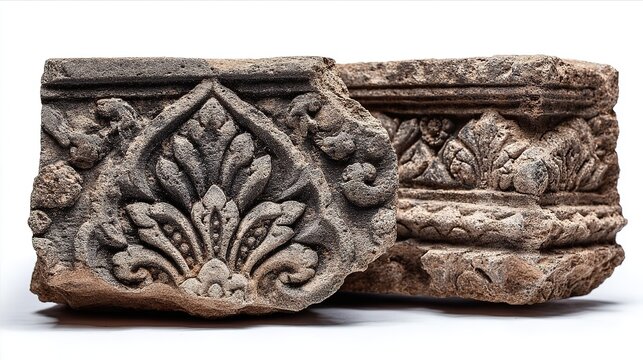 Cambodian Angkor-style stone relief carving fragment with ancient motifs, isolated on a white background