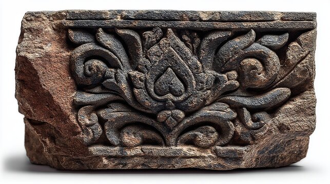 Cambodian Angkor-style stone relief carving fragment with ancient motifs, isolated on a white background