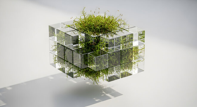 Eco friendly technology concept with green moss growing inside transparent glass cubes floating in white space