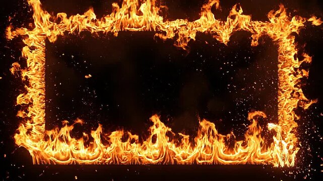 Bright intense flames burning in a rectangular shape on a black background with flying sparks