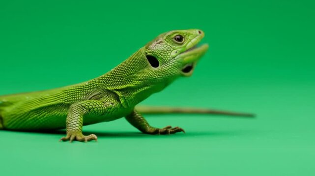 Video of green lizard on bright green background.