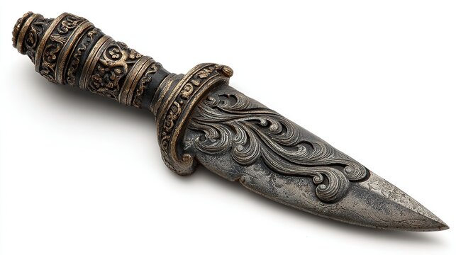 Indonesian kris dagger with wavy blade and carved handle, isolated on a white background 