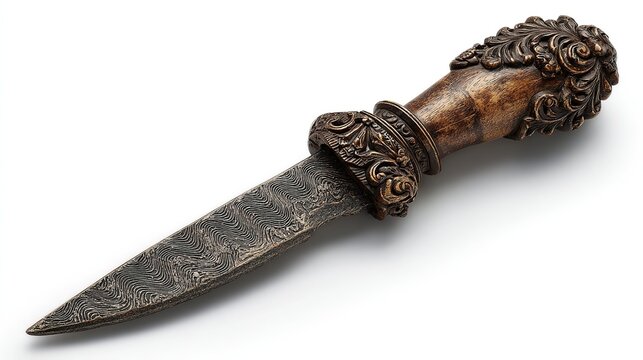 Indonesian kris dagger with wavy blade and carved handle, isolated on a white background 