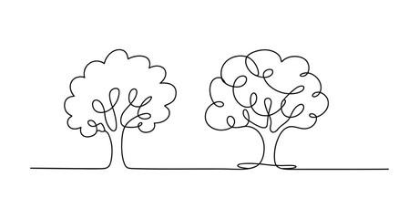 Continuous one line forest tree illustration, abstract minimalist vector drawing featuring sprawling oak and birch trees with leafy branches, roots, and trunks for nature and environmental design conc © Khoteza