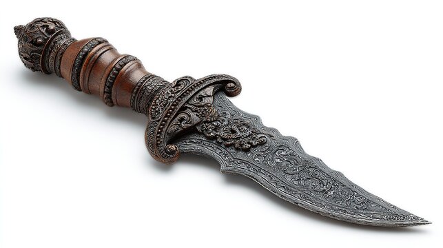 Indonesian kris dagger with wavy blade and carved handle, isolated on a white background 