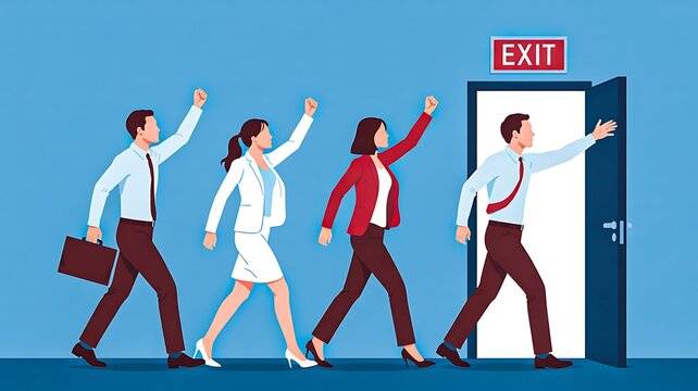 Business people walking toward exit door symbolizing resignation and career change