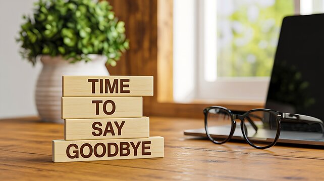 Time to say goodbye message on wooden blocks with glasses on desk in bright office setting