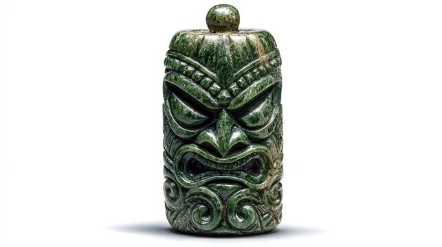 Sacred Maori greenstone hei tiki pendant with lustrous polished jade texture, isolated on clean white background.
