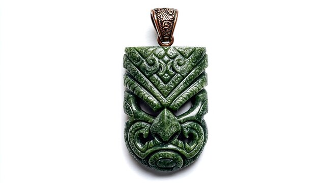 Sacred Maori greenstone hei tiki pendant with lustrous polished jade texture, isolated on clean white background.