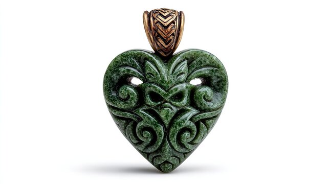 Sacred Maori greenstone hei tiki pendant with lustrous polished jade texture, isolated on clean white background.