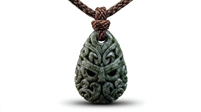 Sacred Maori greenstone hei tiki pendant with lustrous polished jade texture, isolated on clean white background.