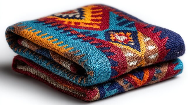 Traditional Peruvian Inca textile fabric neatly folded showcasing vibrant colorful geometric designs, isolated on clean white background.