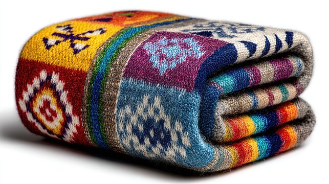 Traditional Peruvian Inca textile fabric neatly folded showcasing vibrant colorful geometric designs, isolated on clean white background.