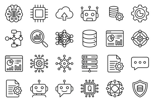 Artificial intelligence and data analytics line icon set