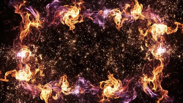 Fiery abstract glowing energy frame with vibrant orange and purple flames and sparkling particles on black background