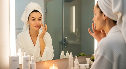 Fototapeta premium Woman applying skincare in bathroom mirror wellness and beauty concept