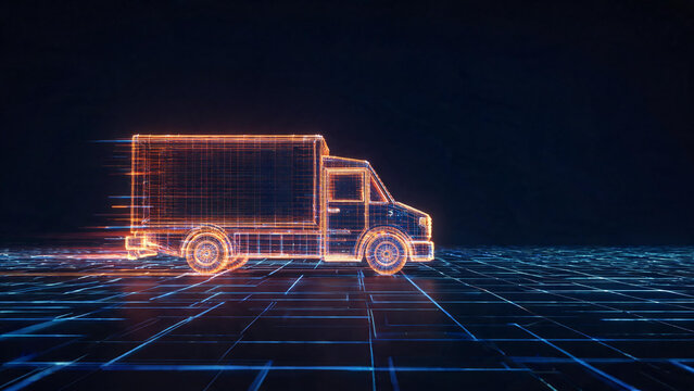 Futuristic delivery truck made of glowing neon wireframe lines in dark cyberspace, fast e-commerce smart logistics concept.