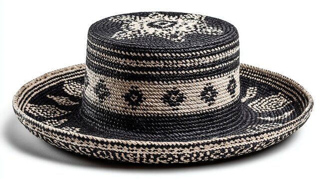 Traditional Colombian sombrero vueltiao crafted from woven ca&ntilde;a flecha straw, iconic black and white geometric patterns displayed on clean white background.