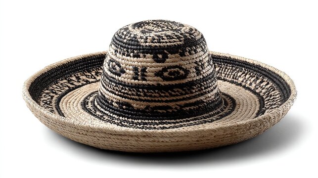 Traditional Colombian sombrero vueltiao crafted from woven ca&ntilde;a flecha straw, iconic black and white geometric patterns displayed on clean white background.