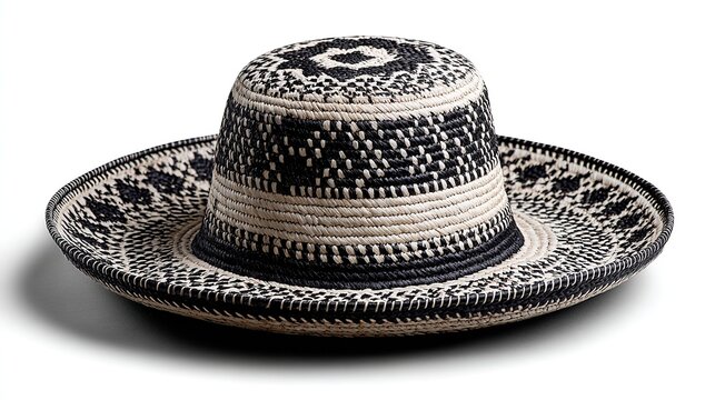 Traditional Colombian sombrero vueltiao crafted from woven ca&ntilde;a flecha straw, iconic black and white geometric patterns displayed on clean white background.