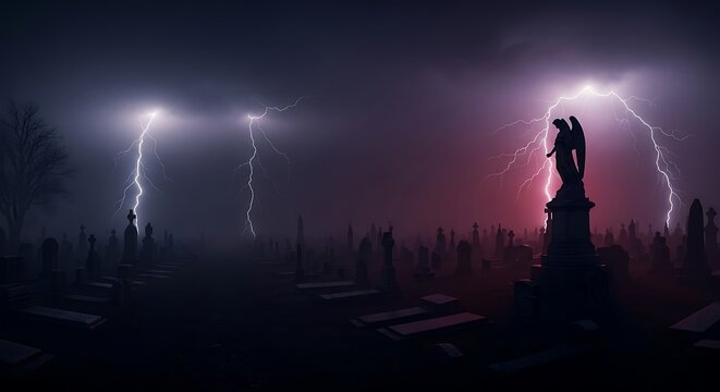 Ethereal Angel Statue in Foggy Cemetery Amidst Lightning Storm