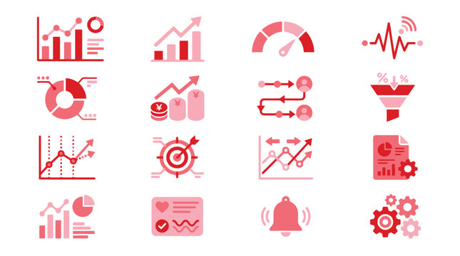 Collection of red flat icons representing data analysis, charts, graphs, and business metrics.