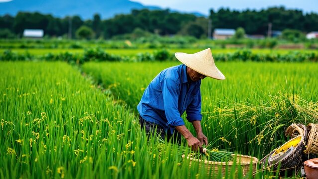 Harvesting the Rice Fields: A dedicated farmer, adorned in a traditional hat, tends to a flourishing rice paddy, embodying the spirit of labor and the bountiful rewards of the land. 