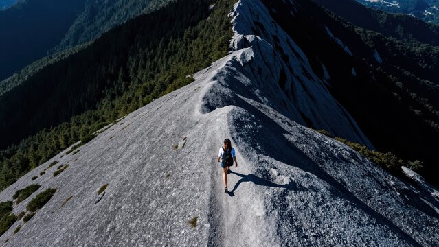 Solo Ascent: A lone figure fearlessly traverses a narrow, rocky ridge towards a breathtaking mountain vista, capturing the essence of determination and triumph amidst a stunning landscape. 