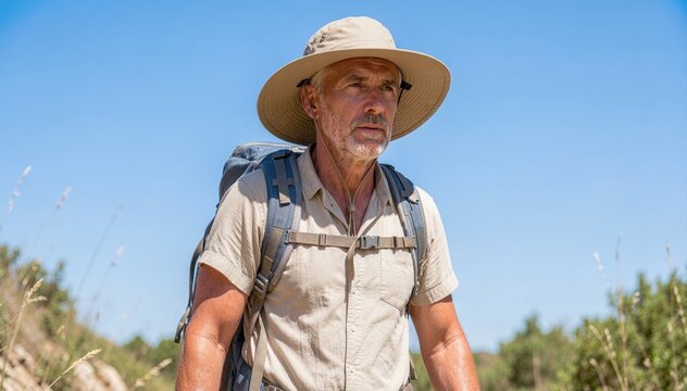 Adventurous trekker with hat and backpack: A determined traveler embarks on a journey along a sun-drenched trail, carrying a backpack and donning a sun hat.