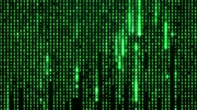 Green code matrix glitch displays on a computer screen with green text.