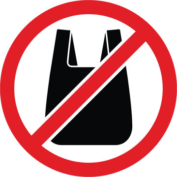 No plastic bags prohibited sign vector, red circle with diagonal line over black shopping bag icon, environmental ban symbol for eco-friendly retail