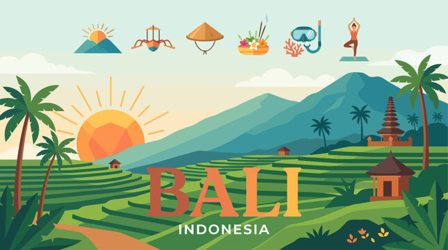 A tranquil Flat Design vector illustration combining 'BALI' typography with a set of six minimalist icons, symbolizing the peaceful and diverse experiences of the island at sunrise.