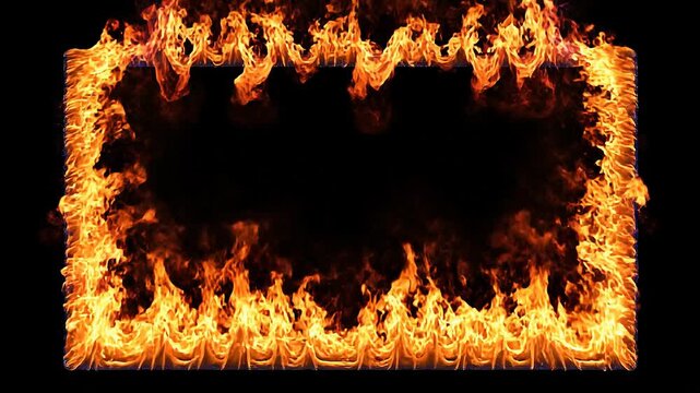 Bright fiery flames forming a burning rectangular frame on black background with vivid orange and yellow colors