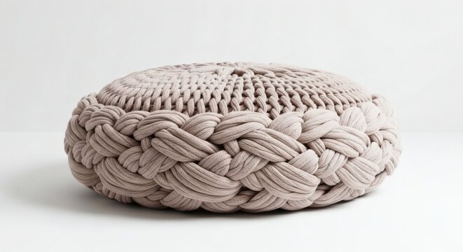 Braided chunky knit pouf ottoman in light beige