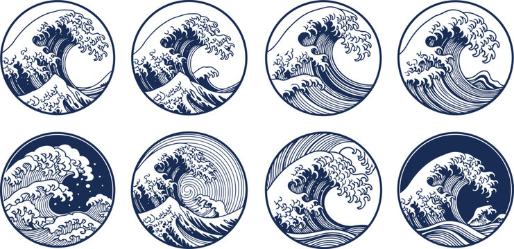 Circular graphics of japanese great waves with japanese illustration traditional oriental movement abstract isolated background stylized collection masterpiece