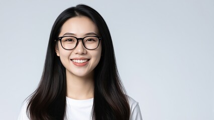 Fototapeta premium Radiant Young Woman with Glasses: Portrait of an attractive Asian woman with long black hair, wearing glasses and a gentle smile, exudes confidence and positivity. 