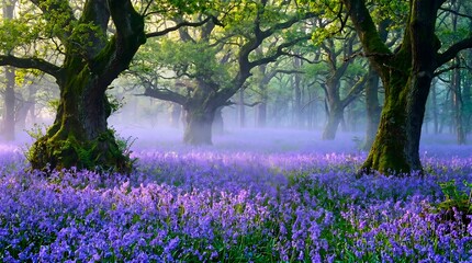 Obraz premium Enchanting Bluebell Wood: Mystical Forest Dawn with Ancient Trees