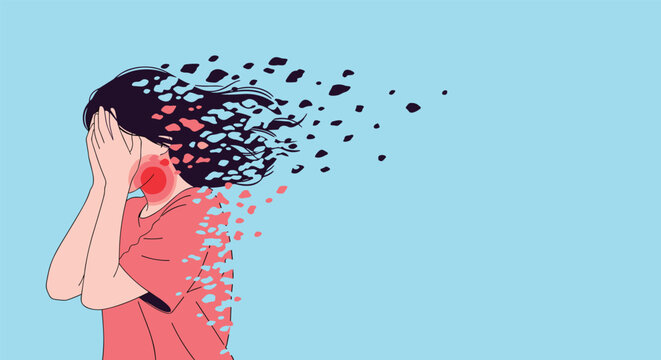 Young woman covering her face while suffering from emotional distress and mental breakdown with fragments flying away.