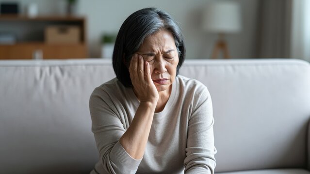 Grief's Embrace: An elderly individual, eyes tightly shut and hand pressed to cheek, is captured in a poignant moment of sorrow and emotional distress. 